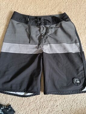 Quiksilver Black and Gray Striped Men’s Board Shorts